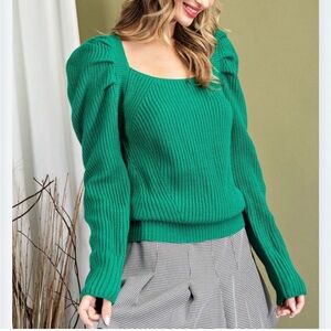 Green Puff Sleeves Tie Back Sweater